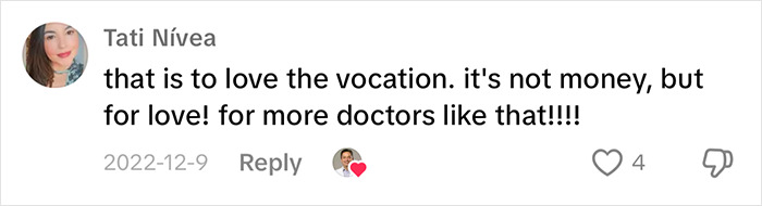 Comment praising doctors, expressing love for the vocation, with a heart emoji and like count.