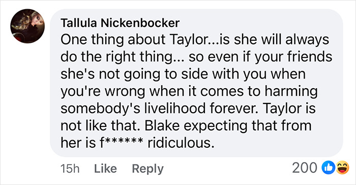 Social media comment about Taylor Swift and Blake Lively with 200 likes.