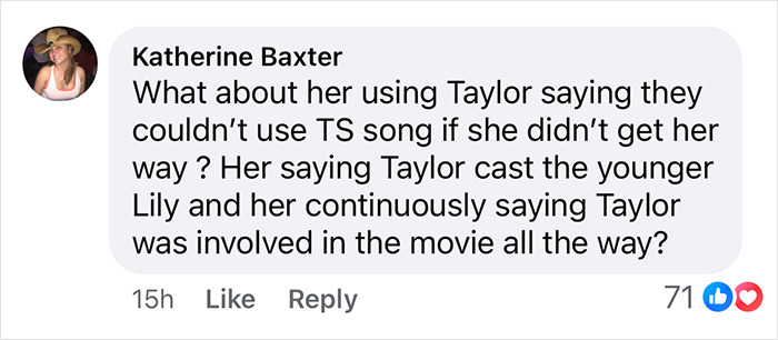 Comment discussing Taylor Swift's involvement in a movie, questioning song use and casting decisions, with 71 likes.