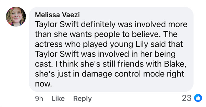 Comment discussing Taylor Swift's involvement and her relationship with Blake Lively regarding recent events.