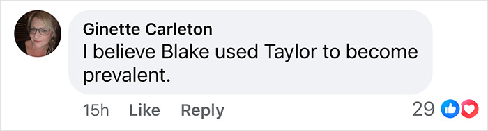 Comment showing a user's opinion on Blake and Taylor's relationship amid a feud.