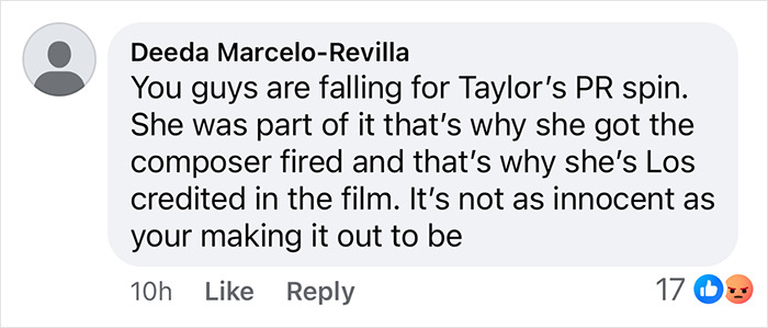 Social media comment discussing Taylor Swift, alleging manipulation and involvement in a film controversy.