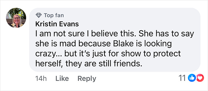 Facebook comment discussing a rumored feud involving Taylor Swift and Blake Lively, expressing skepticism.