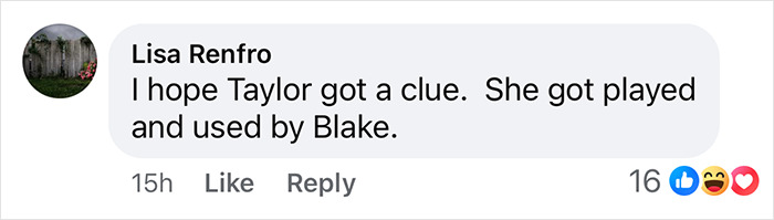 Comment mentioning Taylor, Blake, and manipulation, with likes and reactions.