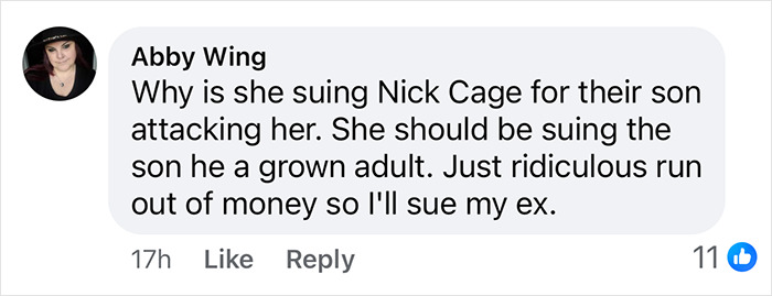 Facebook comment discussing lawsuit involving Nicolas Cage and his ex.