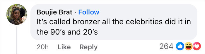 Comment discussing lighter skin tone debate and celebrity bronzer trends, with likes and reactions.