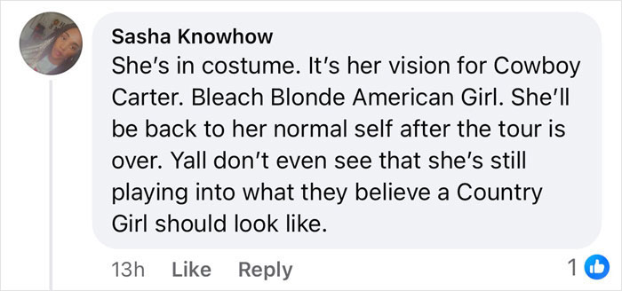 Comment on Beyoncé's lighter skin tone and costume choice, discussing a vision for a Cowboy Carter and American girl persona.