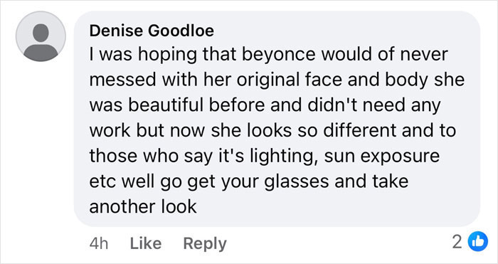 Comment discussing Beyoncé's lighter skin tone at Grammys, sparking viral debate.