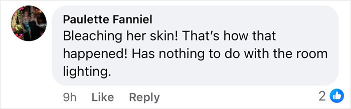 Comment discussing Beyoncé's lighter skin tone at Grammys, questioning the reason behind it.