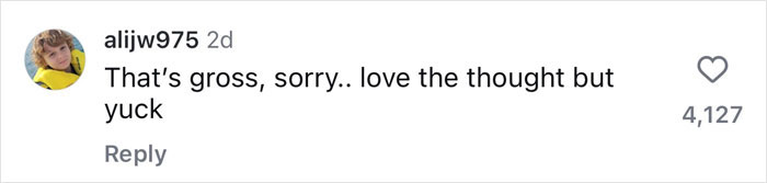 Comment reacting to a Valentine's gift to Selena Gomez, calling it "gross, sorry" with 4,127 likes.