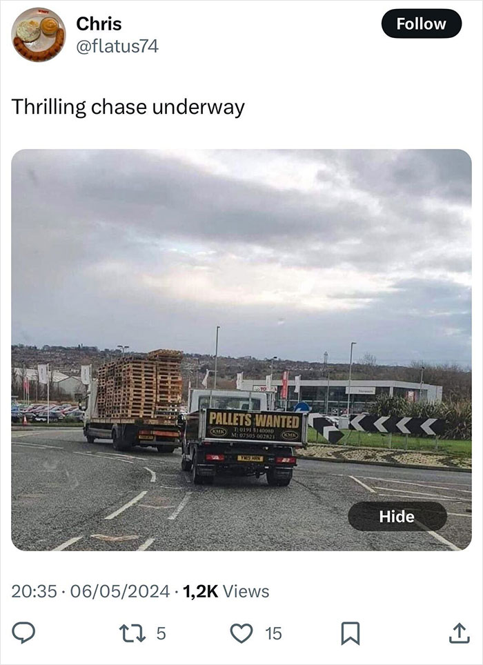 "Pallet truck chase on a road, humorous scene not related to unique gardens."