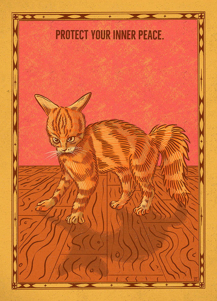 Illustration of a quirky cat with a fierce pose, set against a pink background with the text "Protect Your Inner Peace."