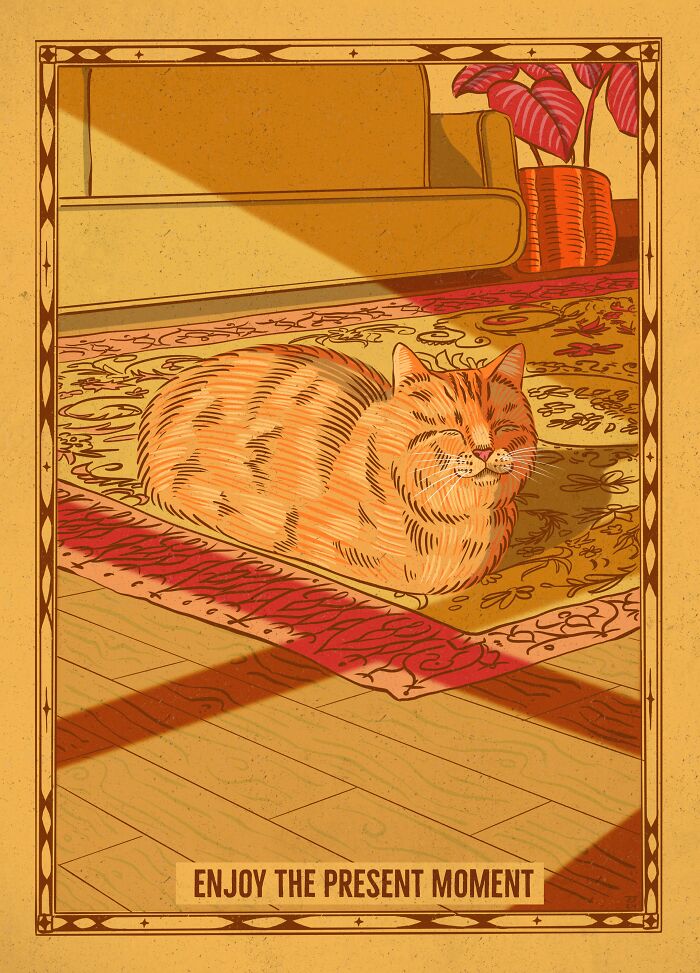 Illustration of a cat relaxing on a carpet in the sunlight, highlighting the quirky nature of cats.