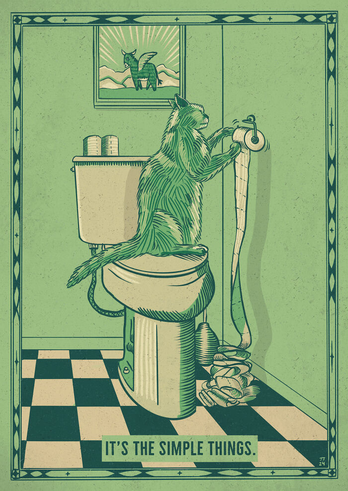 Cat humorously unrolls toilet paper while perched on a toilet, showcasing its quirky nature in this artistic illustration.