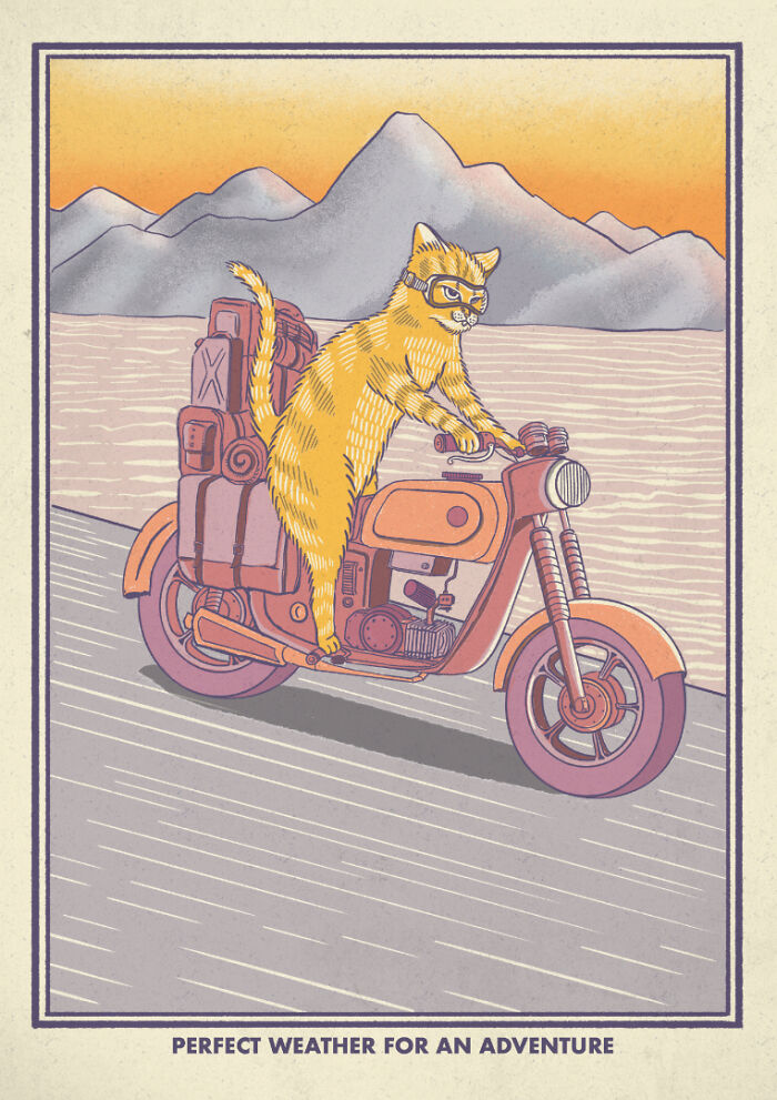 Cat wearing goggles rides a motorcycle with mountains in the background, capturing its quirky and hilarious nature.