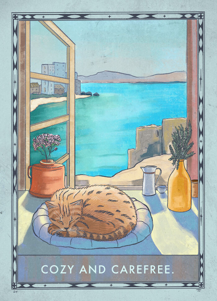 Illustration of a cat sleeping near a seaside window, capturing the quirky and hilarious nature of cats.