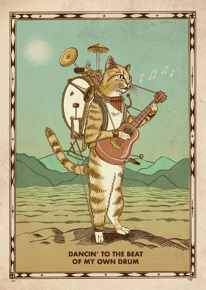 Cat illustration playing multiple instruments in a whimsical style, highlighting the quirky and hilarious nature of cats.