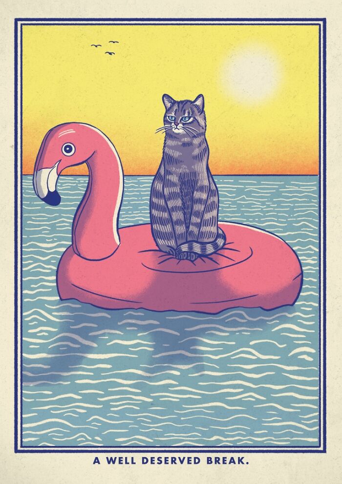 Cat on a flamingo float in a quirky illustration, enjoying the ocean at sunset.