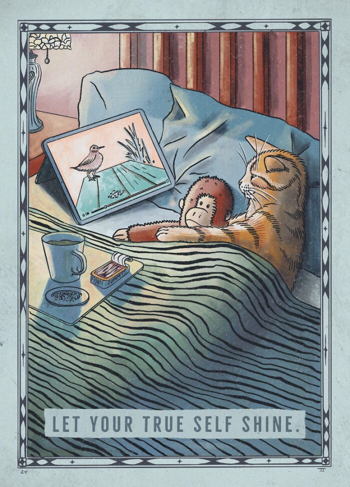 Cat snug in bed with a stuffed monkey, watching a screen, illustrating the quirky and hilarious nature of cats.