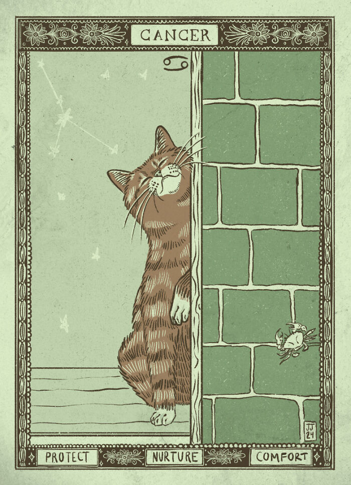 Cat peeking from a green-tiled wall, under a "Cancer" zodiac sign, showcasing quirky and hilarious nature in illustration.