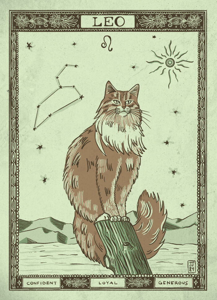 Illustration of a cat labeled Leo, showcasing the quirky nature of cats with zodiac symbols and traits like confident and loyal.