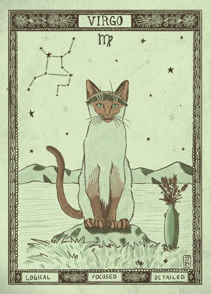 Illustration of a cat as Virgo, showcasing its quirky and hilarious nature, adorned with stars and floral elements.