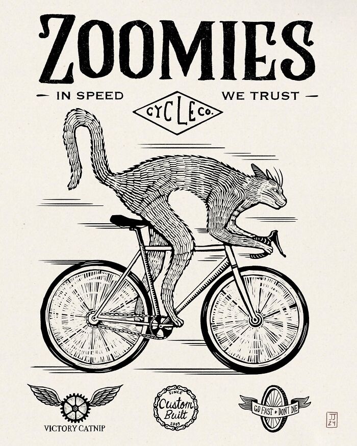 Cat with quirky pose cycling swiftly, showcasing the hilarious nature of cats in a playful illustration.