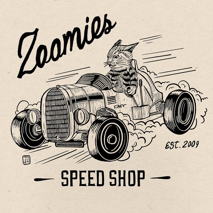 Cat driving a race car labeled "Zoomies Speed Shop," showcasing the hilarious nature of cats in quirky illustration.