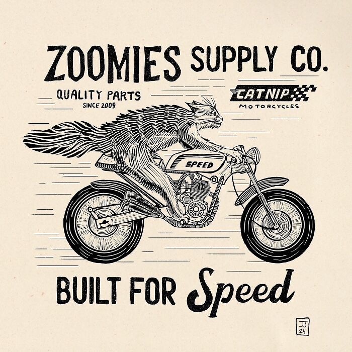 Cat riding a motorcycle with the text "Zoomies Supply Co." showcasing the quirky and hilarious nature of cats.