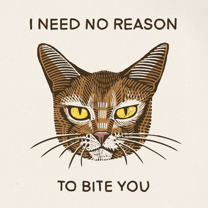 Illustration of a cat with humorous text, showcasing the quirky nature of cats.