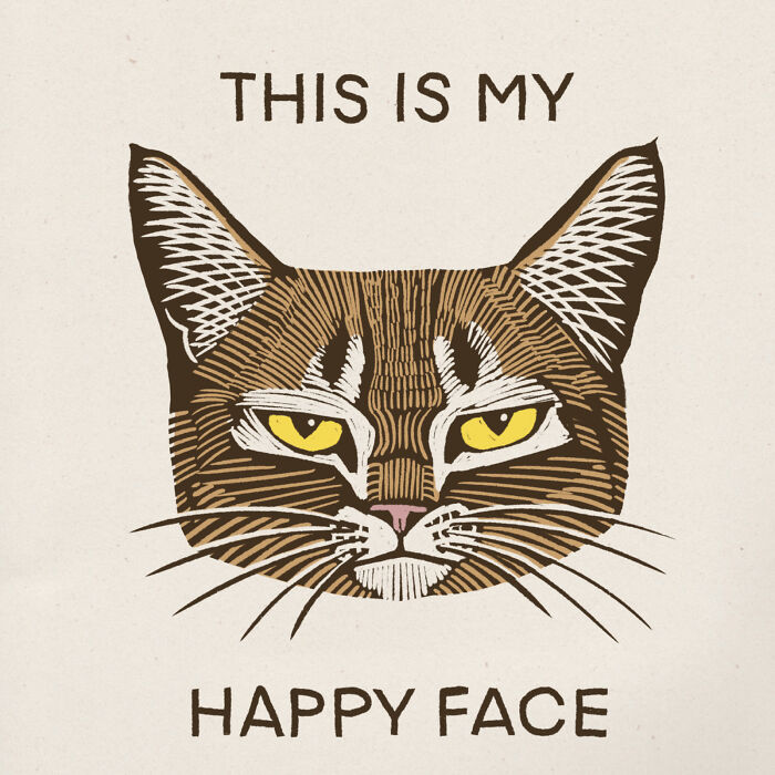 Illustration of a cat's face with text "This is my happy face," capturing the quirky nature of cats.