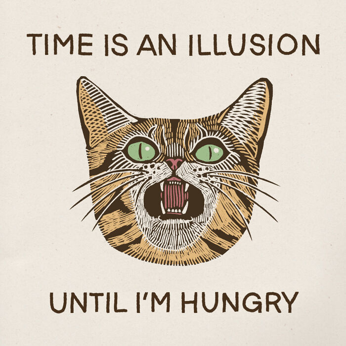 Illustration of a cat with text "Time is an illusion until I'm hungry," capturing the hilarious nature of cats.