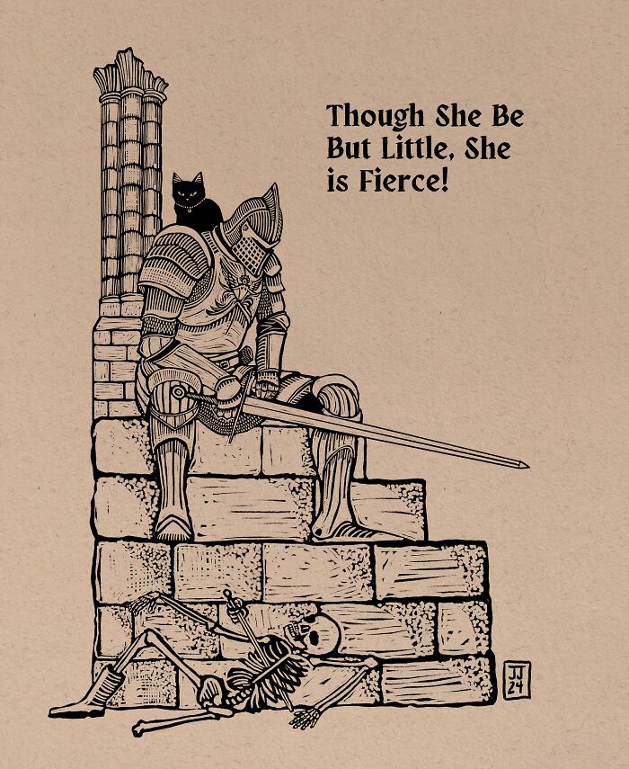 Knight and cat in armor sitting on stone steps with quote, showcasing the quirky nature of cats.