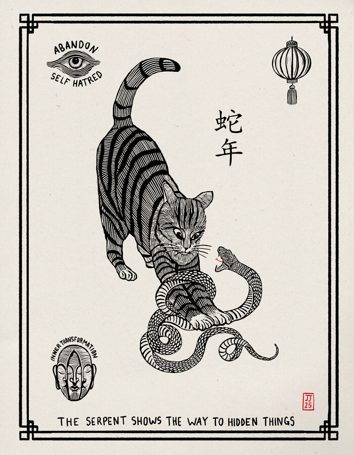 Cat illustration interacting with a snake, featuring whimsical details.