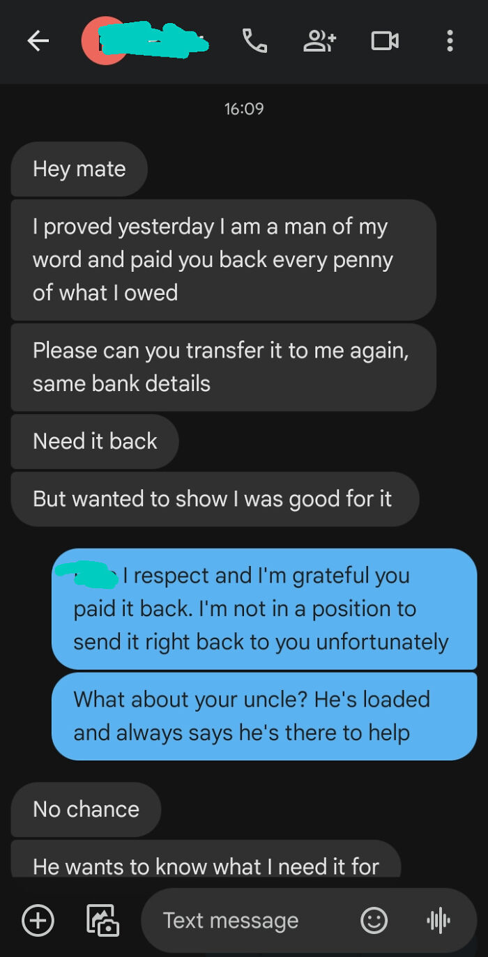 Awkward text exchange where someone requests a refunded amount back, followed by a humorous response about borrowing.