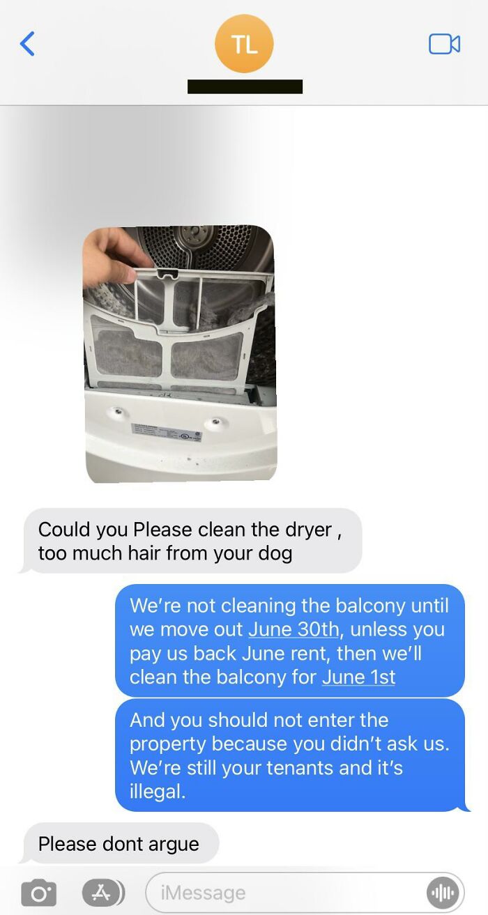 Awkward text exchange about cleaning a dryer and unpaid rent disputes, showcasing tenants' frustrations.