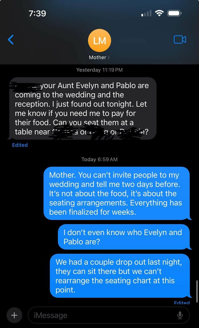 Awkward and confusing text exchange about unexpected wedding guests and seating arrangements.