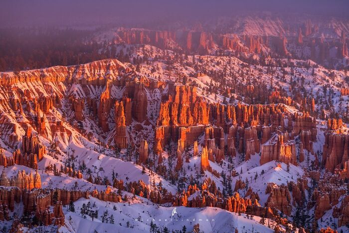 Intimate landscape photo capturing red rock formations and snow-covered trees at sunrise.