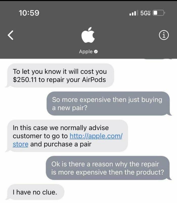 Awkward text exchange about costly AirPods repair exceeding new purchase, with no clear explanation.