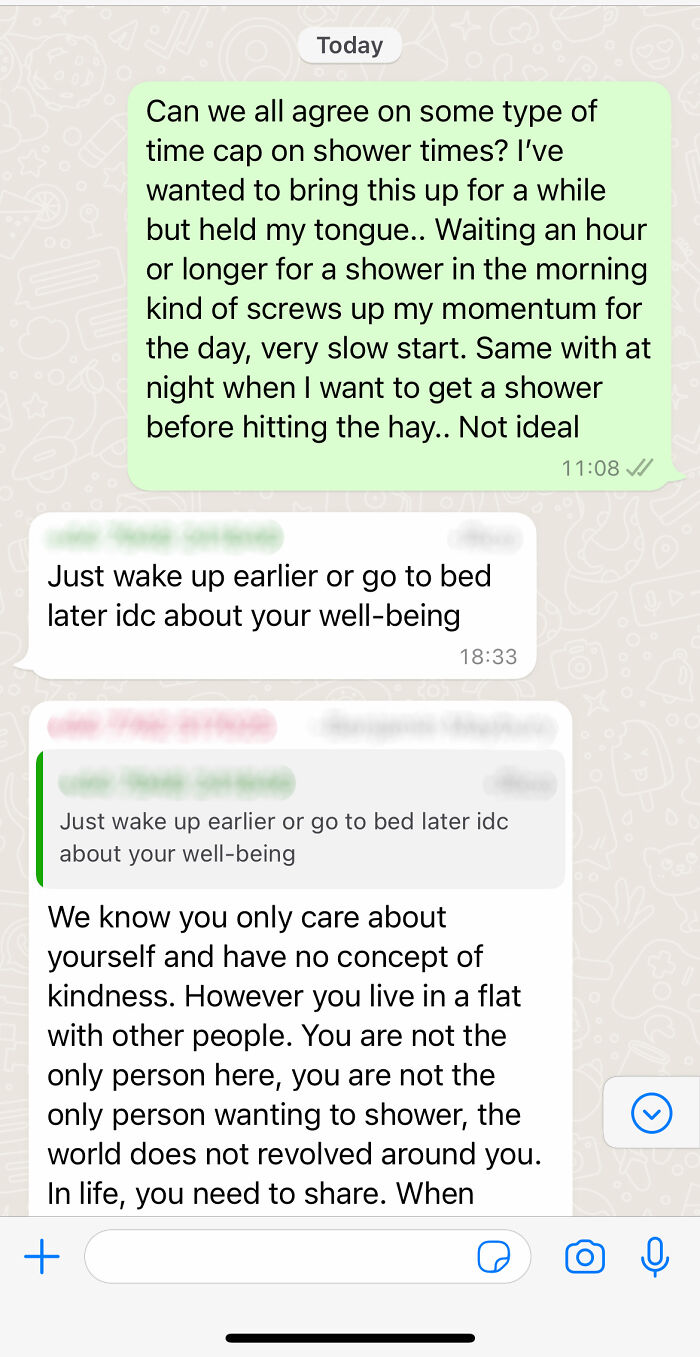 Awkward text exchange about shower times, revealing tension among housemates over shared space and daily routines.