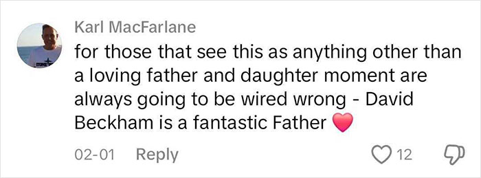 Comment praising David Beckham as a fantastic father in response to a video with daughter Harper.