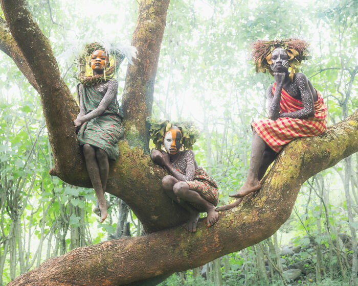 Ethiopian people adorned in traditional attire and body paint, sitting on a tree branch in a lush forest.