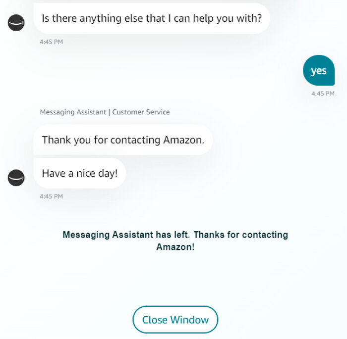 Awkward text exchange: Messaging assistant concludes chat with Amazon customer without resolving query.