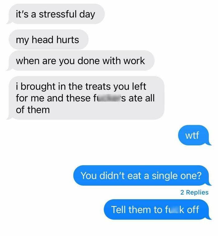 Awkward text conversation about stolen treats at work, expressing frustration.