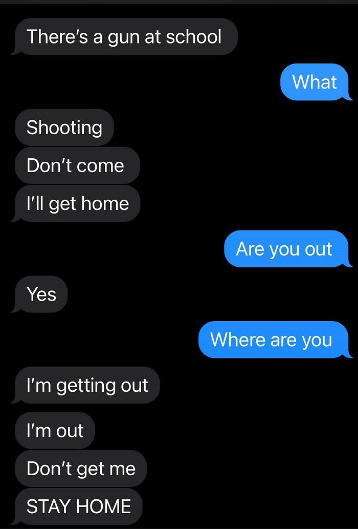 Awkward and confusing text conversation about a dangerous school situation, advising to stay home.