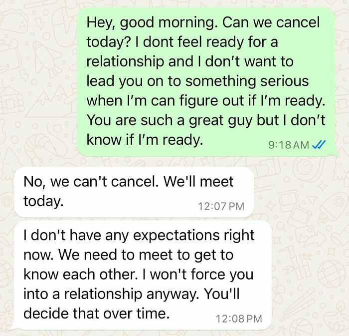 Text exchange showing awkward and confusing conversation about relationship readiness.