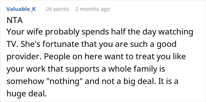 Comment discussing how a husband's work is undervalued, supporting a family while being criticized.