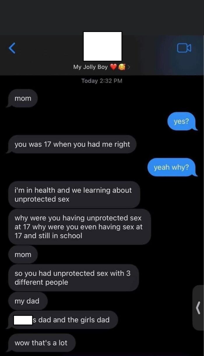 Awkward text exchange between mom and child about unprotected sex and school life.