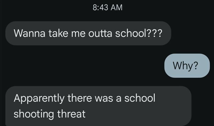 Text exchange about a school shooting threat, showcasing awkward and confusing texts.