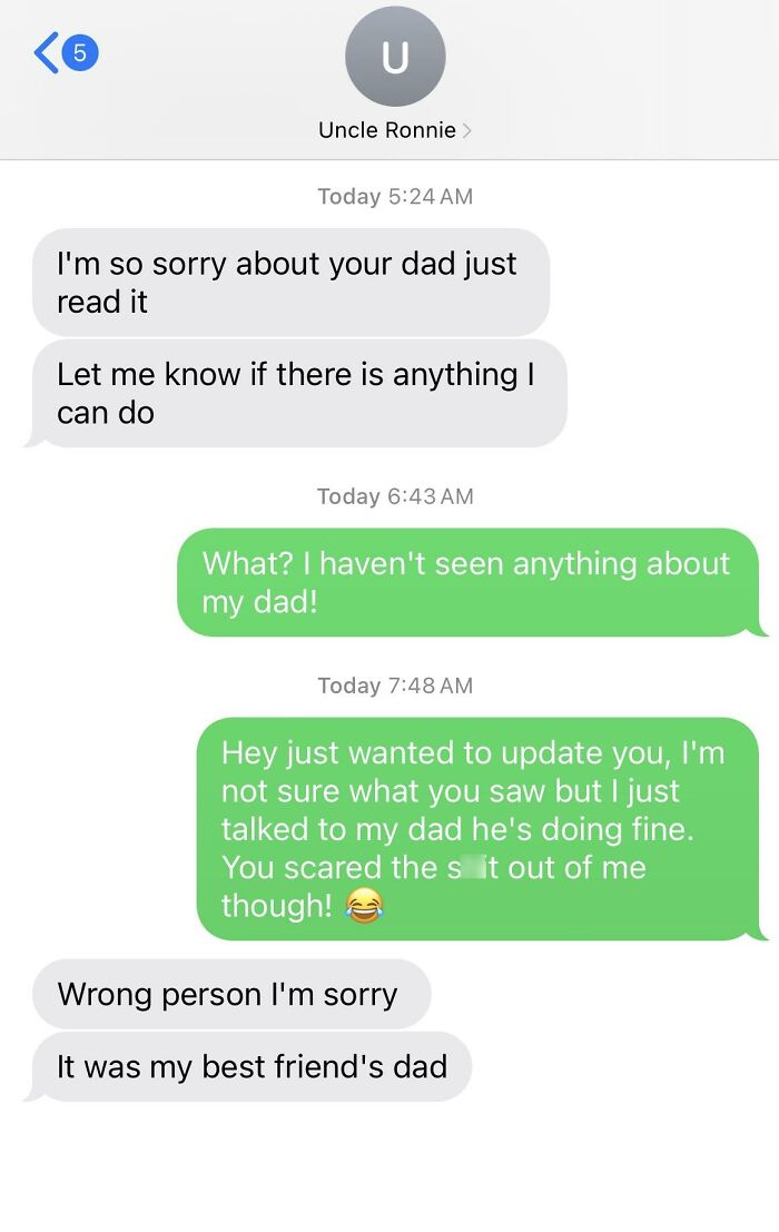 Awkward text exchange reveals mistaken identity about someone's dad.